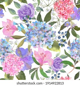 Floral seamless pattern with a blooming pink and blue hydrangea, roses and leaves hand drawn in watercolor. Flowers background. Vector