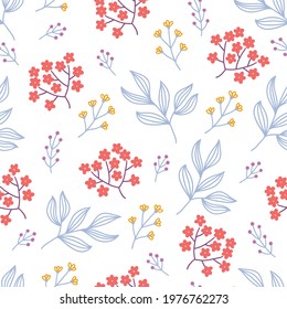 Floral seamless pattern with blooming pink flowers and branches on white background. Perfect for wallpaper, wrapping paper, fabric, spring and summer holidays. Hand drawn vector illustration