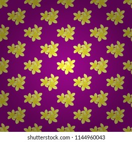 Floral seamless pattern with blooming plumeria flowers and leaves in purple, yellow and red colors. Stylish wallpaper with plumeria flowers. Vector background.
