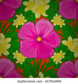 Floral seamless pattern with blooming plumeria flowers and leaves on a orange background. Stylish wallpaper with plumeria flowers. Abstract vector background.
