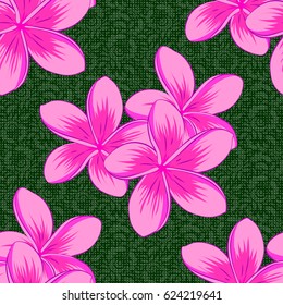 Floral seamless pattern with blooming plumeria flowers and leaves on a green background. Stylish wallpaper with plumeria flowers. Abstract vector background.