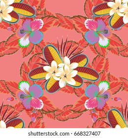 Floral seamless pattern with blooming plumeria flowers and leaves on a pink background. Stylish wallpaper with plumeria flowers. Absstract vector background.