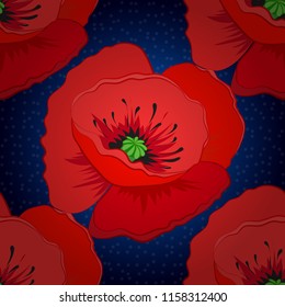 Floral seamless pattern with blooming poppy flowers and leaves in red, blue and black colors. Stylish wallpaper with poppy flowers. Vector background.