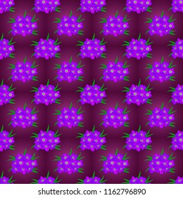 Floral seamless pattern with blooming primula flowers and leaves in purple, violet and green colors. Stylish wallpaper with primula flowers. Abstract vector background.