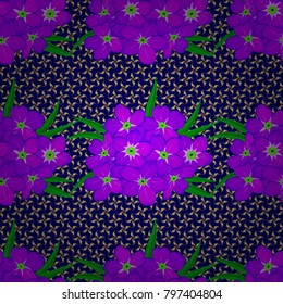 Floral seamless pattern with blooming primula flowers and leaves in magenta, blue and violet colors. Stylish wallpaper with primula flowers. Abstract vector background.