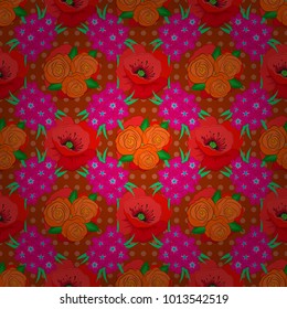 Floral seamless pattern with blooming rose flowers and green leaves in orange, red and magenta colors. Stylish wallpaper with rose flowers and green leaves. Abstract vector background.