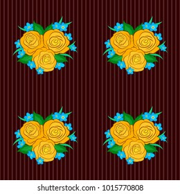 Floral seamless pattern with blooming rose flowers and green leaves in brown, yellow and blue colors. Stylish wallpaper with rose flowers and green leaves. Abstract vector background.