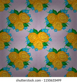 Floral seamless pattern with blooming rose flowers and green leaves in yellow, blue and green colors. Stylish wallpaper with rose flowers and green leaves. Vector background.