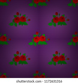 Floral seamless pattern with blooming rose flowers and green leaves in green, red and purple colors. Stylish wallpaper with rose flowers and green leaves. Vector background.