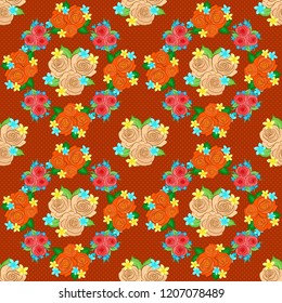 Floral seamless pattern with blooming rose flowers and green leaves in green, orange and beige colors. Stylish wallpaper with rose flowers and green leaves. Abstract vector background.