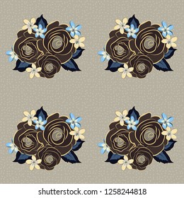 Floral seamless pattern with blooming rose flowers and leaves in beige, gray and brown colors. Stylish wallpaper with rose flowers and leaves. Abstract vector background.