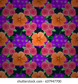 Floral seamless pattern with blooming rose flowers and green leaves on a blue background. Stylish wallpaper with rose flowers and green leaves. Abstract vector background.