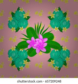 Floral seamless pattern with blooming rose flowers and green leaves on a pink background. Abstract vector background.