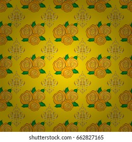 Floral seamless pattern with blooming rose flowers and green leaves on a yellow background. Stylish wallpaper with rose flowers and green leaves. Abstract vector background.