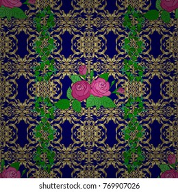 Floral seamless pattern with blooming rose flowers and green leaves in neutral and blue colors. Stylish wallpaper with rose flowers and green leaves. Abstract vector background.