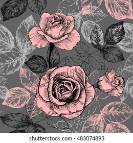 floral seamless pattern with blooming roses and leaves. In gentle colors - pink and gray. Hand drawn