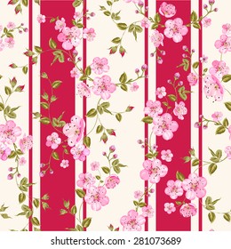 Floral seamless pattern with blooming sakura. Vector illustration.
