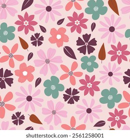 Floral seamless pattern of blooming Scandinavian multicolor flowers and leaves. Allover print surface design of stylized flowers on pale pink background. 