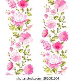 Floral seamless pattern with blooming spring flowers. Vector illustration.