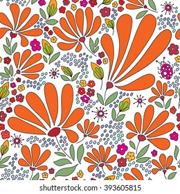 Floral seamless pattern of blooming spring meadow, flowers, stones and a beetle on a white background, hand drawn, vector.