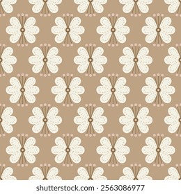 Floral seamless pattern of blooming stylized flowers. Allover print surface design of blooming monochromatic stylized flowers on pale taupe color background. 