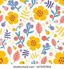 Floral seamless pattern with blooming summer meadow plants. Botanical backdrop with flowers and berries on white background. Flat vector illustration for wrapping paper, textile print, wallpaper.