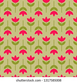 Floral seamless pattern with blooming tulips on green background. Backdrop with garden flowers. Flat vector illustration in 60-s retro style for textile print, wrapping paper, wallpaper, backdrop.