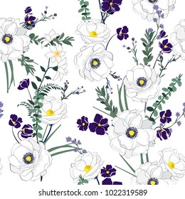 Floral seamless pattern blooming white flowers Botanical Motifs scattered random. Seamless vector texture. Elegant template for fashion prints. Printing with in hand drawn style on white background. Floral seamless pattern blooming white flowers Botanical Motifs scattered random. Seamless vector texture. Elegant template for fashion prints. Printing with in hand drawn style on white background.