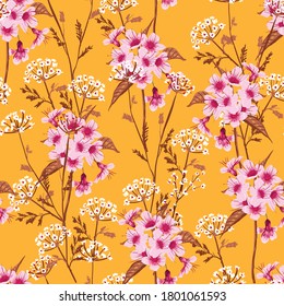 Floral seamless pattern blooming white and pink meadow flowers Botanical Motifs scattered random. Seamless vector texture. Elegant template for fashion prints. Printing with in hand drawn style 