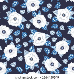 Floral seamless pattern blooming white flowers Botanical Motifs scattered random. Seamless vector texture. Elegant template for fashion prints. Printing with in hand drawn style on dark navy blue 