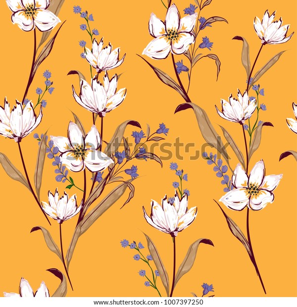 Floral seamless pattern blooming white flowers Botanical  Motifs scattered random. Seamless vector texture. Elegant template for fashion prints. Printing with in hand drawn style on orange.