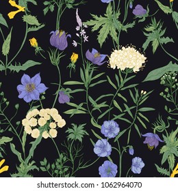 Floral seamless pattern with blooming wild flowers and meadow flowering plants on black background. Romantic floral backdrop. Colorful vector illustration for fabric print, wrapping paper.