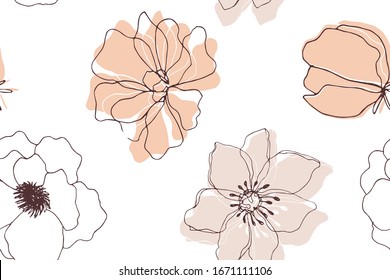 Floral seamless pattern with blossom flowers, spring endless texture, ink sketch art. Vector illustration for wedding invitations, wallpaper, textile, wrapping paper