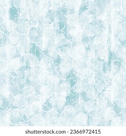 Floral seamless pattern with blossoming flowers of jasmine on a blue watercolor background. Vector illustration. Perfect for design templates, wallpaper, wrapping, fabric and textile.