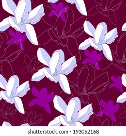 Floral seamless pattern. Blossoming spring magnolia. Vector background with flowers. Hand drawn artwork for textiles, fabrics, souvenirs, packaging and greeting cards.