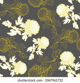 Floral seamless pattern with blow up chrysanthemum flowers drawn by hand on gray background. Monochrome textile swatch by ink freehand style, wallpaper, bedding, textile, fabric, poster, package.