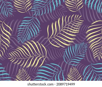 Patrón sin costuras florales, hojas azules y amarillas sobre un fondo violeta oscuro. Vector. Diseño de moda para textiles, tejidos, papel pintado, papel pintado.