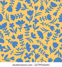 nahtloses Blumenmuster mit blauen abstrakten Blumen und gelbem Hintergrund für Tapeten, Stoffabdrücke, Scrapbooking, stationäres Papier, Packpapier usw. EPS10