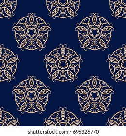 Floral seamless pattern. Blue abstract background with golden yellow elements for wallpaper and textile