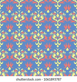 Floral seamless pattern. Blue background with colored flower elements for wallpapers, textile and fabrics