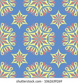 Floral seamless pattern. Blue background with colored flower elements for wallpapers, textile and fabrics