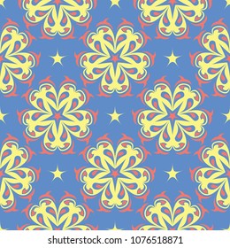 Floral seamless pattern. Blue background with colored flower elements for wallpapers, textile and fabrics