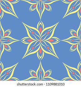 Floral seamless pattern. Blue background with colored flower elements for wallpapers, textile and fabrics