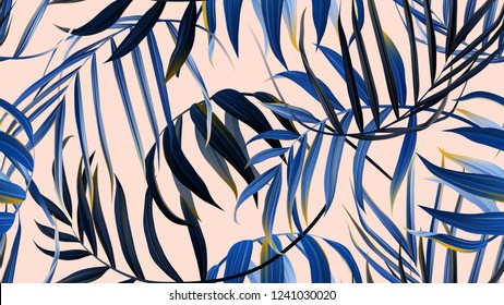 Floral seamless pattern, blue bamboo palm leaves on light pink background, pastel vintage theme