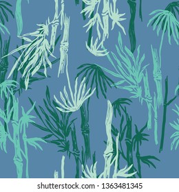 Floral seamless pattern with blue bamboo trees. Tropical background. Colored jungle wallpaper, nature illustration for fabric, textile or prints - Vector