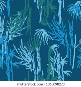 Floral seamless pattern with blue bamboo trees. Tropical background. Colored jungle wallpaper, nature illustration for fabric, textile or prints - Vector