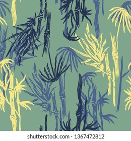 Floral seamless pattern with blue bamboo trees. Tropical background. Colored jungle wallpaper, nature illustration for fabric, textile or prints - Vector