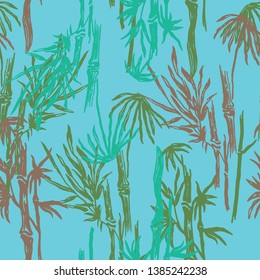 Floral seamless pattern with blue bamboo trees. Tropical background. Colored jungle wallpaper, nature illustration for fabric, textile or prints - Vector