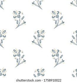 Floral seamless pattern. Blue beige irises on a white background. Light wallpaper, print, textile, vector
