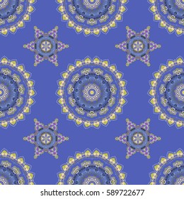 Floral seamless pattern. Blue, beige and yellow ornament. Wallpaper baroque, damask. Seamless background.